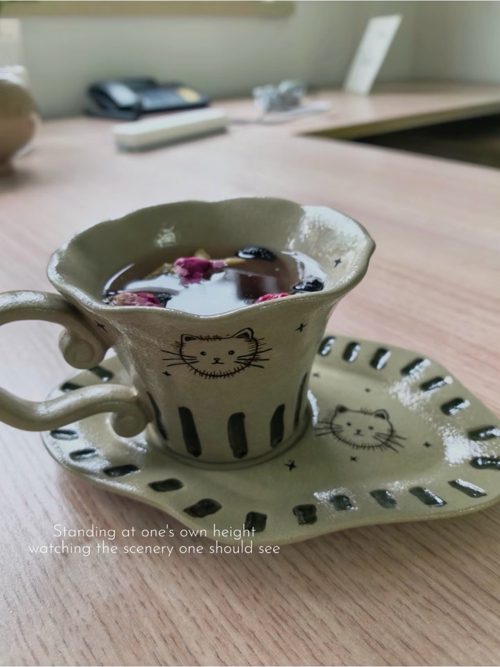 Cute Cat Ceramic Tea Coffee Cup & Saucer Set Japanese Handmade Style w/ Box Gift